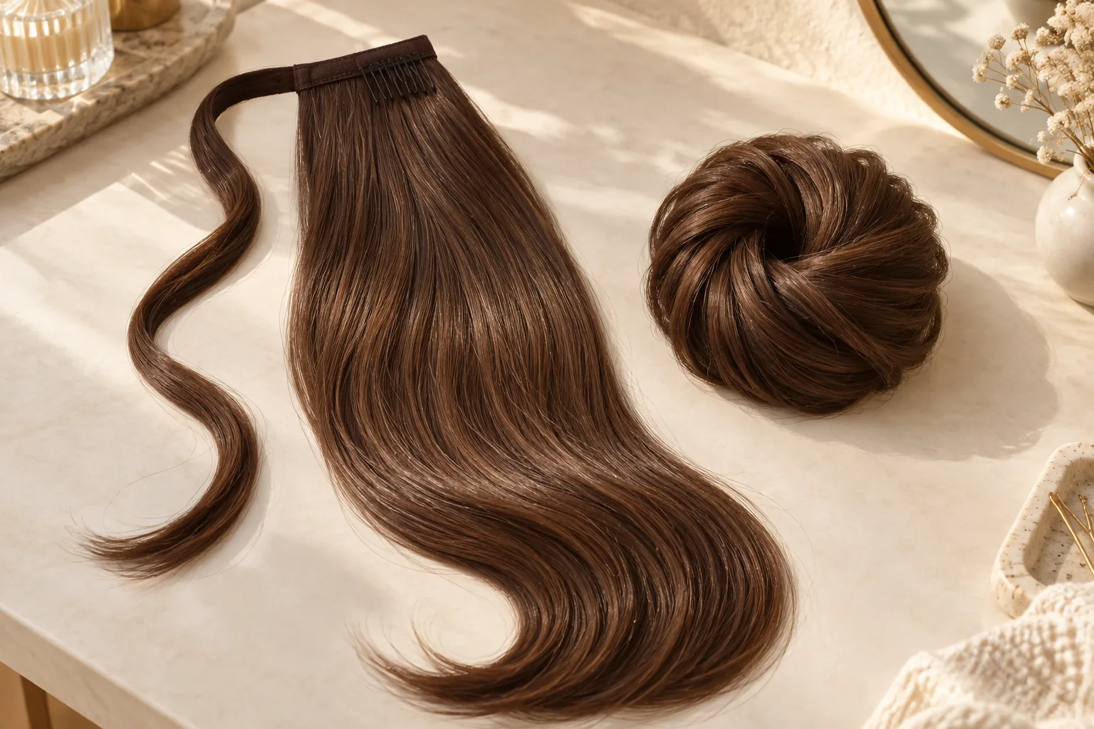 AI-generated illustration: A wrap-around ponytail and a hair bun accessory lie on an ivory table.