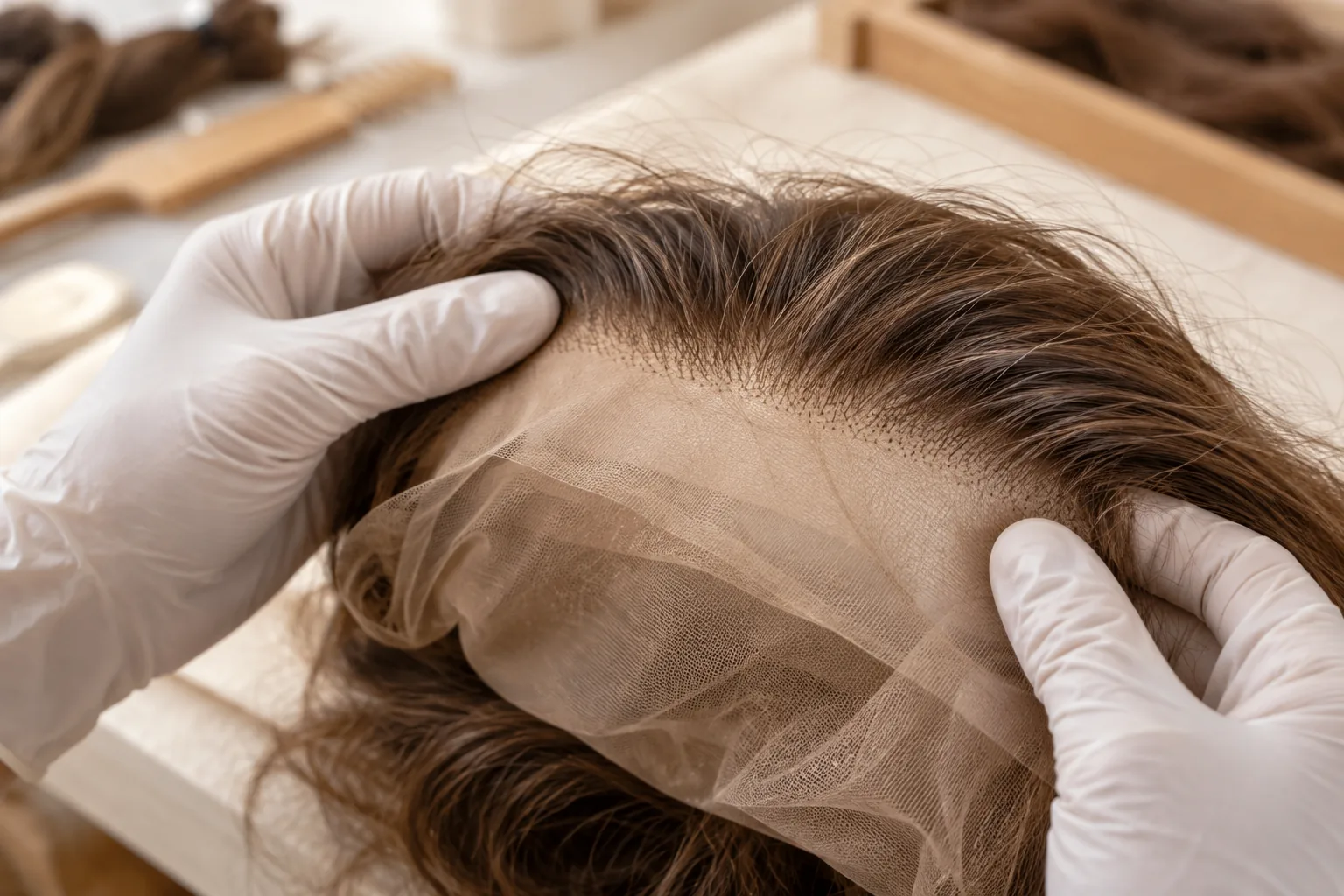 AI-generated illustration: Gloved hands examine visible hair roots and fine lace at the hairline.