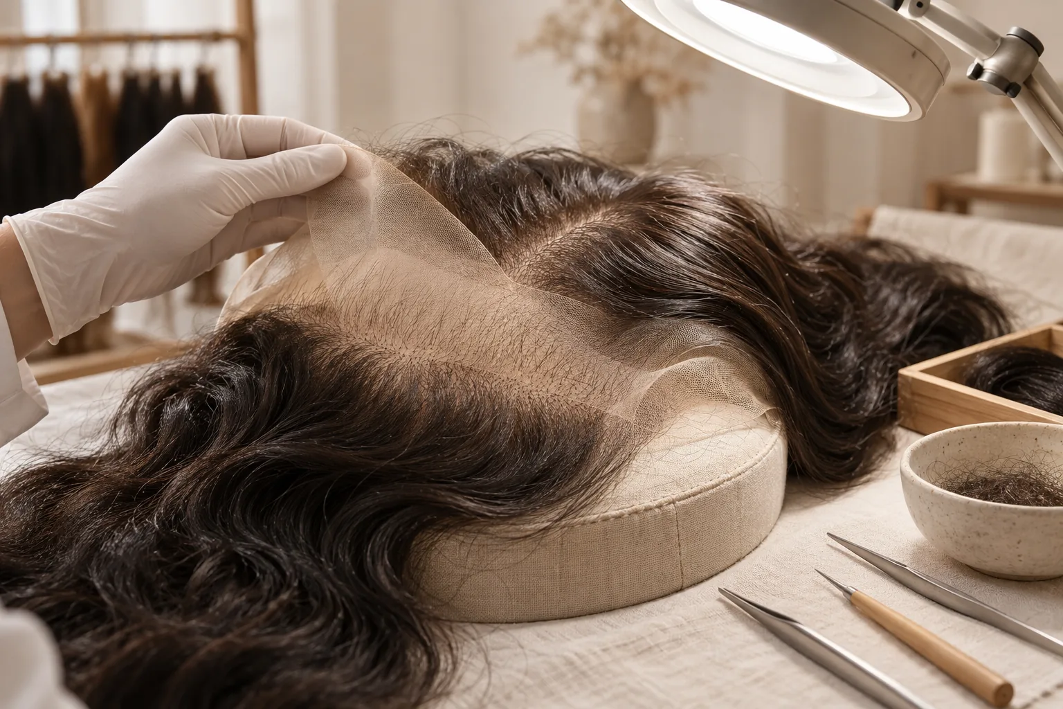 AI-generated illustration: A gloved hand lifts a lace hairpiece edge under an inspection lamp.