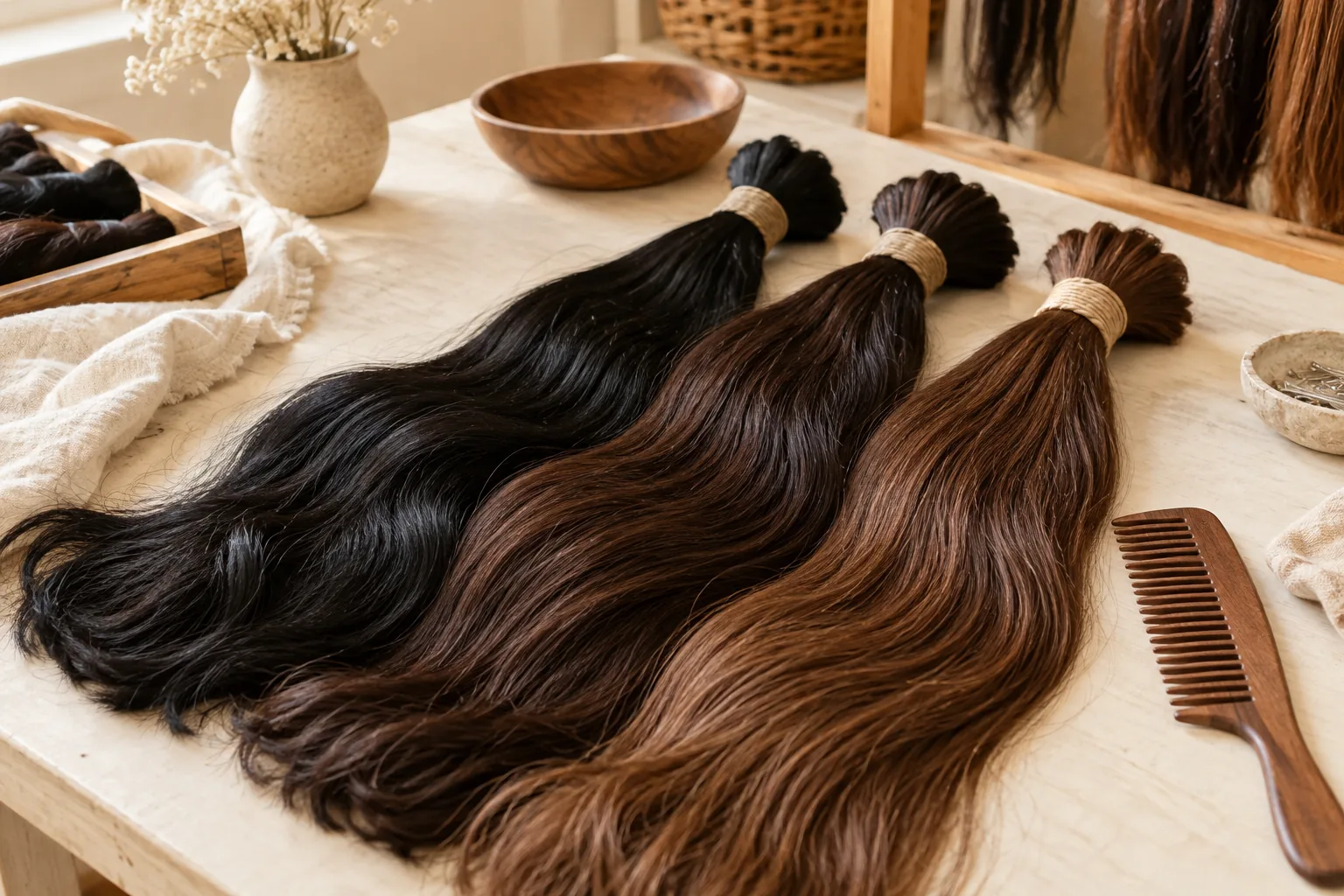 AI-generated illustration: Loose dark and chestnut human hair bundles on a workbench.