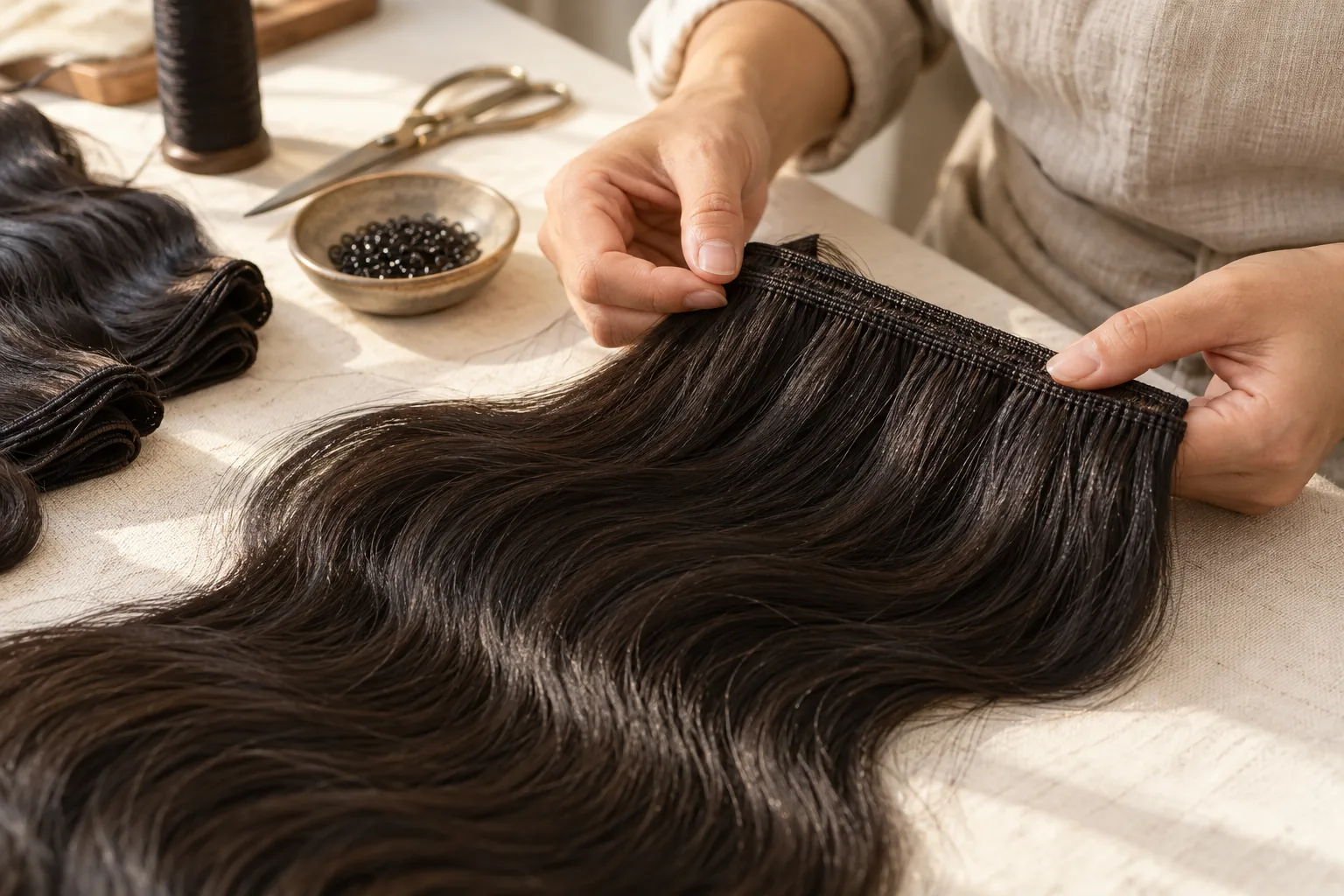 AI-generated illustration: Hands inspect the stitched upper seam of a dark human-hair weft.