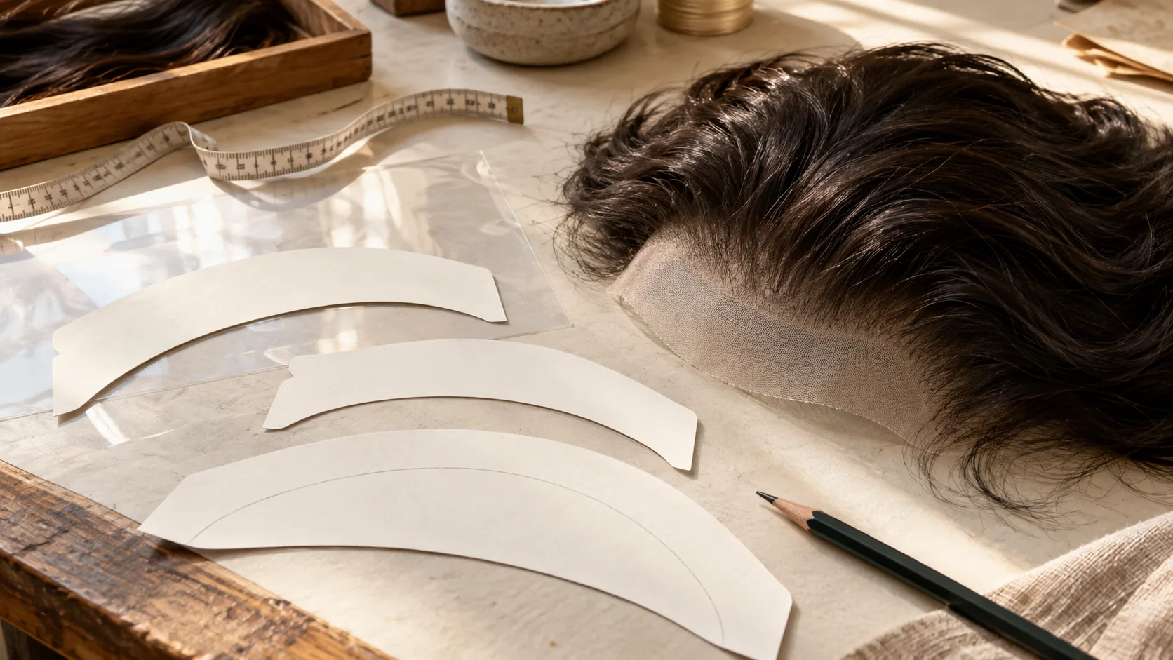 AI-generated illustration: Curved paper hairline patterns lie beside transparent film and a hairpiece.