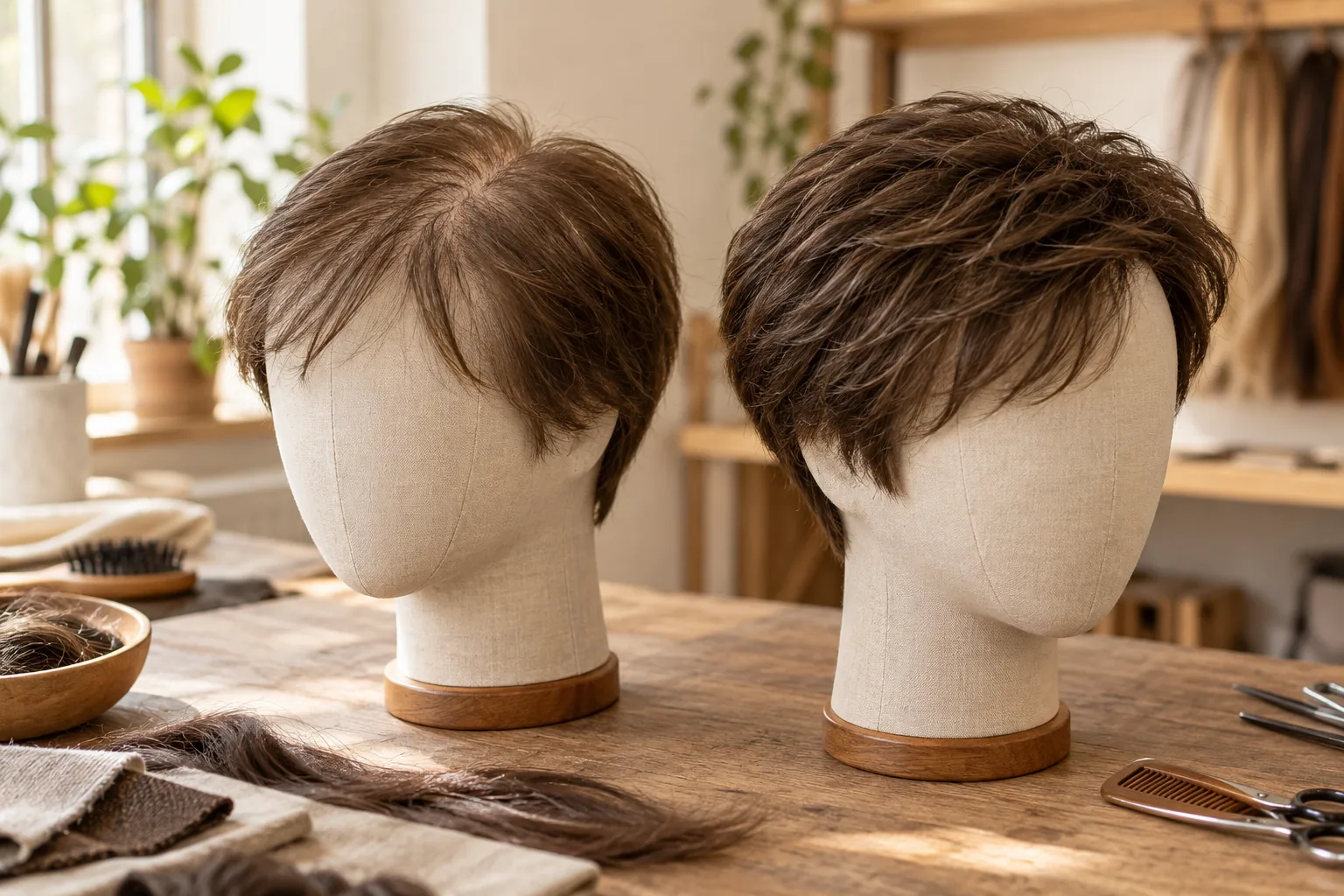 AI-generated illustration: Two head forms with different visual hair coverage; not calibrated density samples.