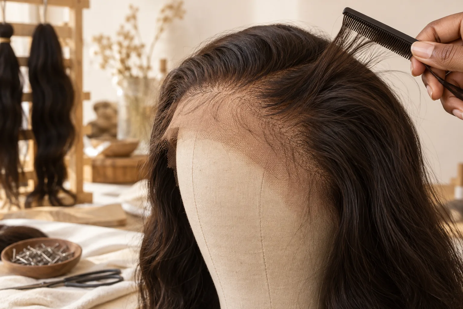 AI-generated illustration: A comb lifts strands along a softly graduated front hairline.