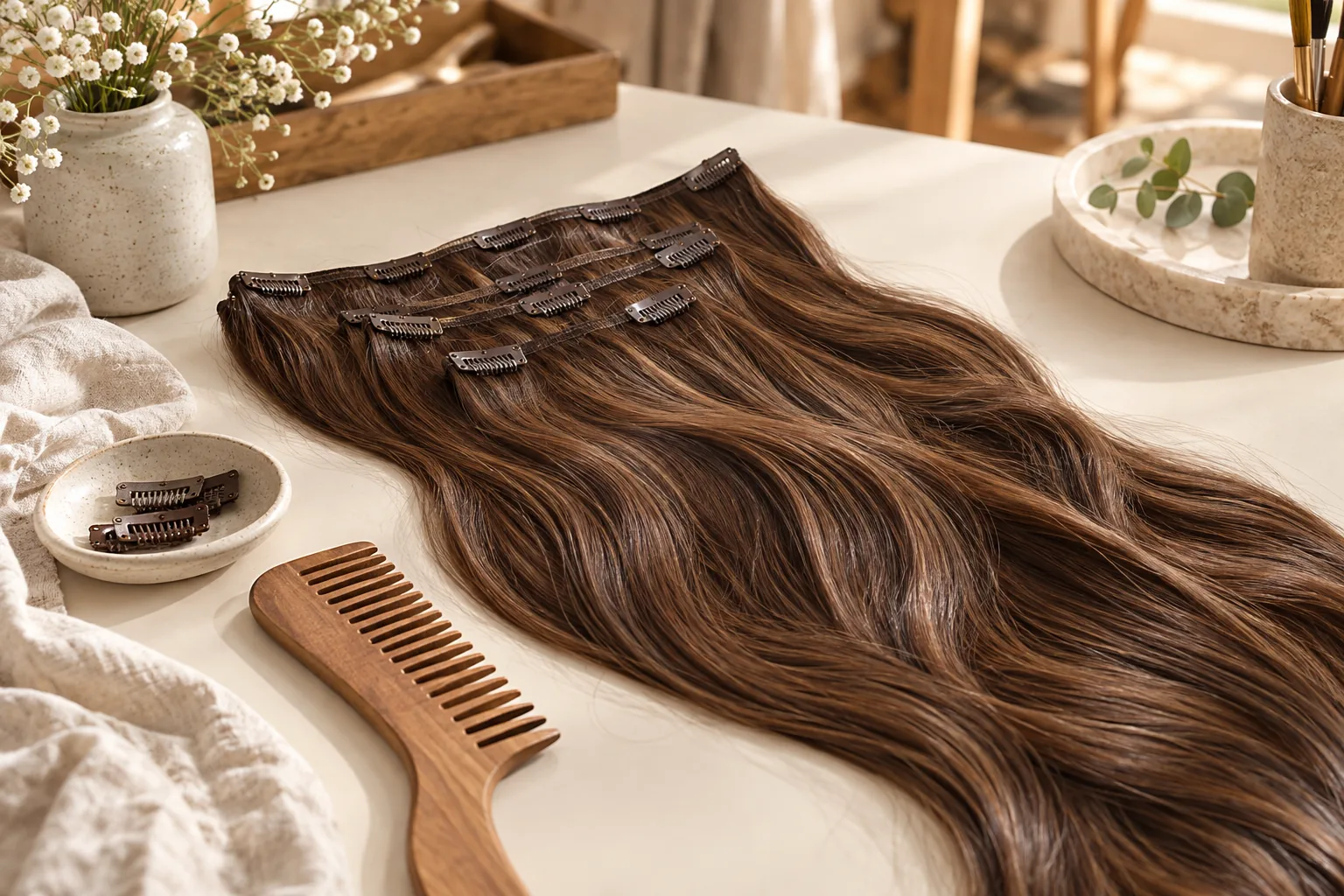 AI-generated illustration: Brown clip-in extension panels display clips and flowing strands.