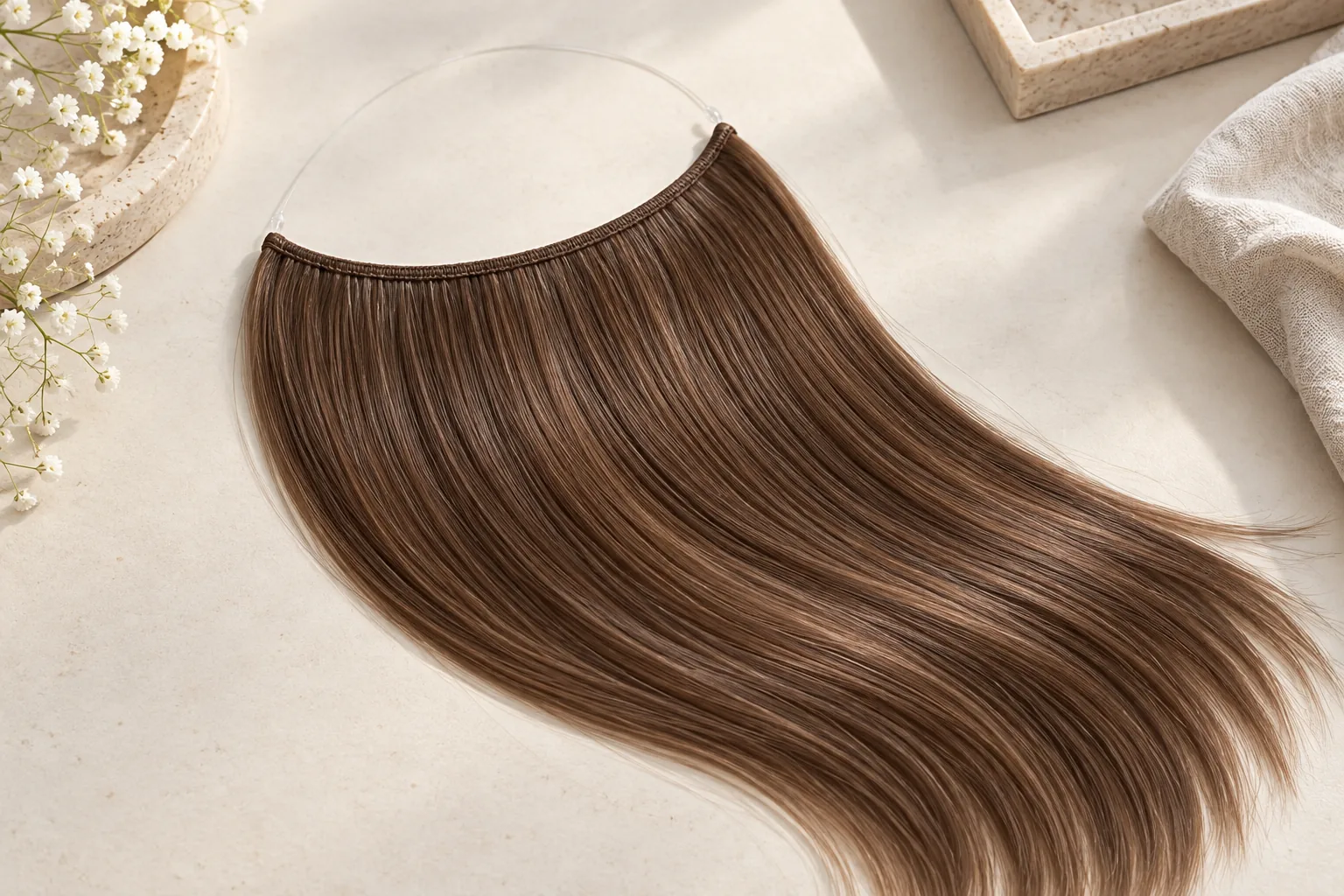 AI-generated illustration: A brown halo extension shows a curved weft and a transparent supporting loop.