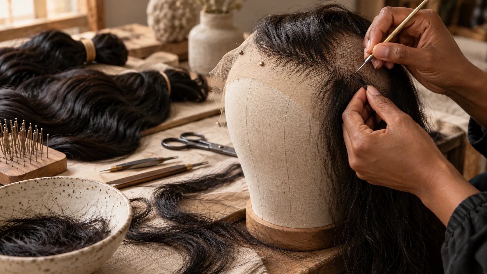 AI-generated illustration: An artisan works on a lace hairpiece mounted on a canvas wig block.