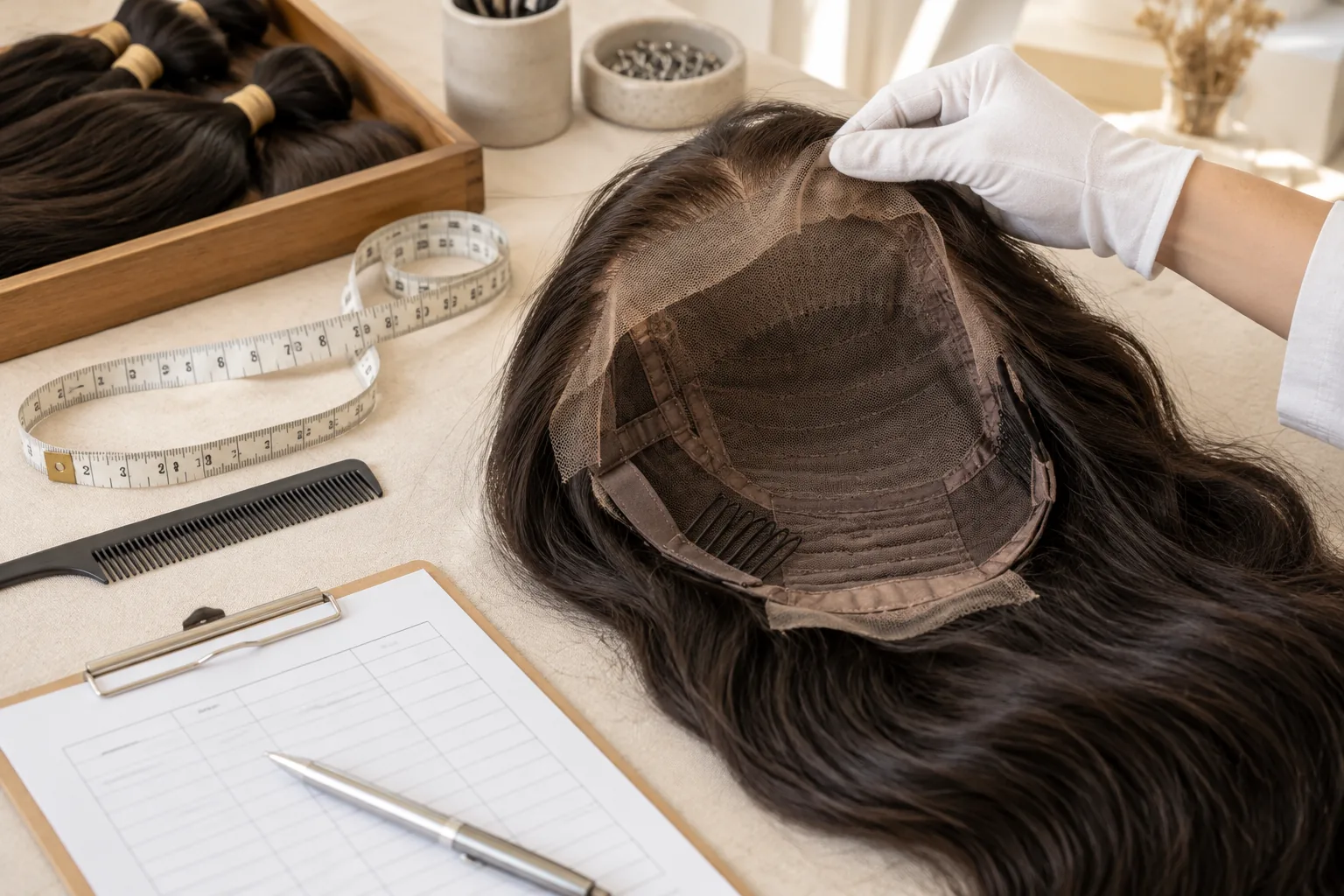AI-generated illustration: A hairpiece underside inspected beside measuring tools.