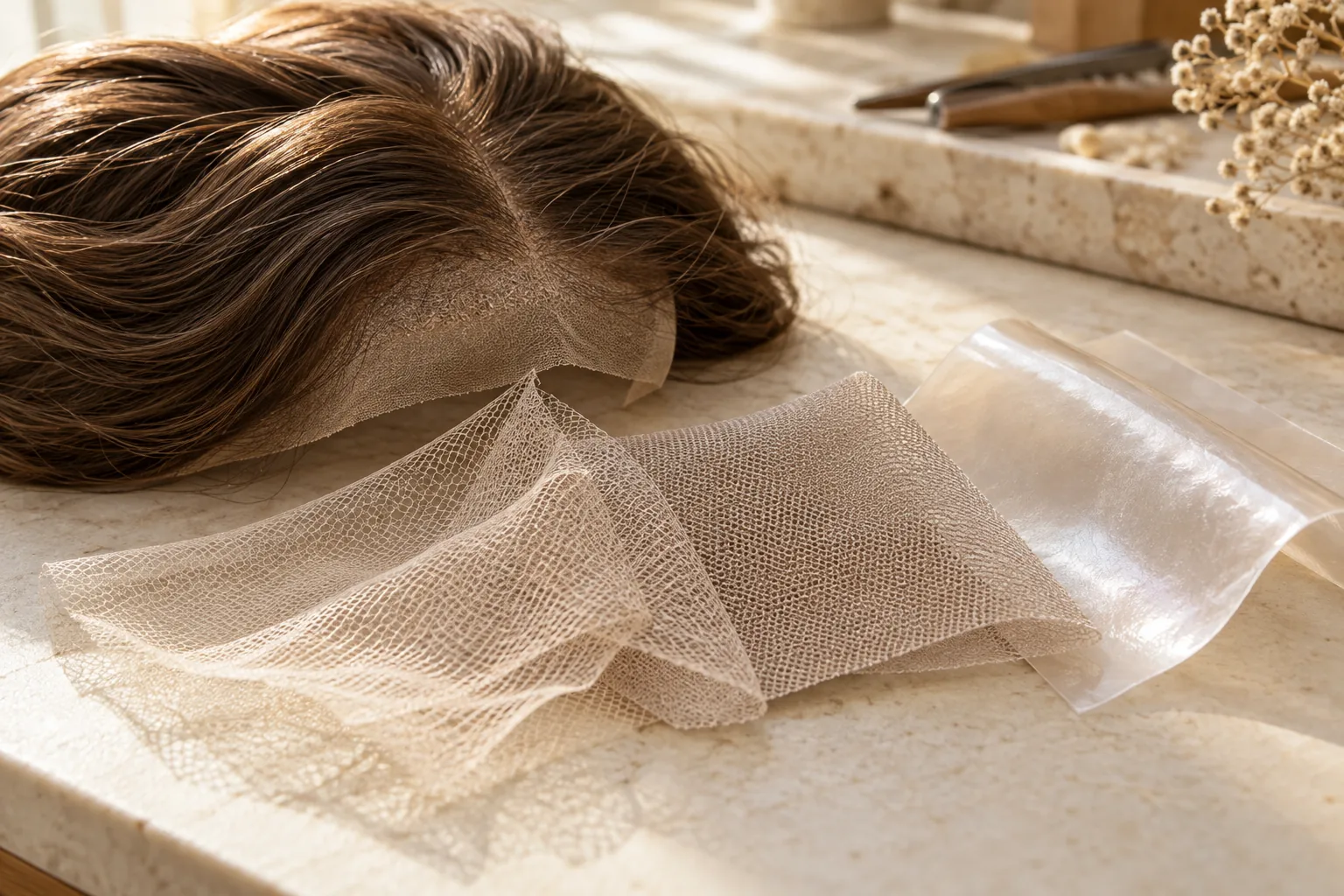 AI-generated illustration: Mesh material swatches beside a lace hairpiece; not certified material samples.