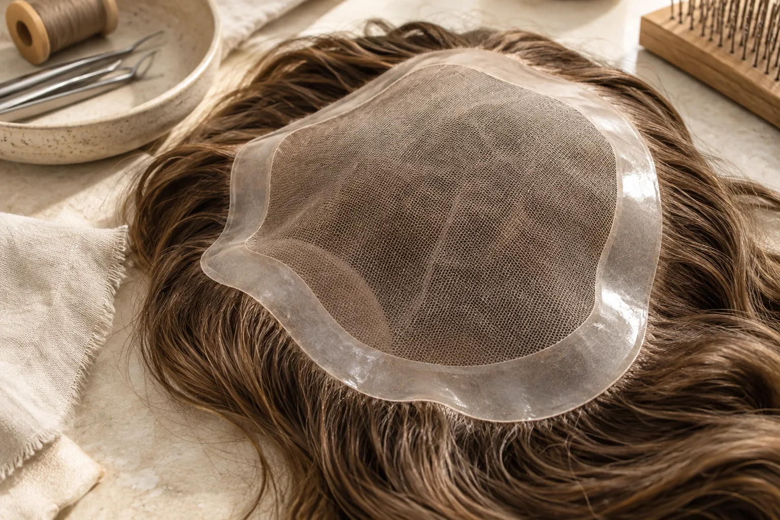 AI-generated illustration: A hairpiece underside combines a mesh center with a translucent perimeter.