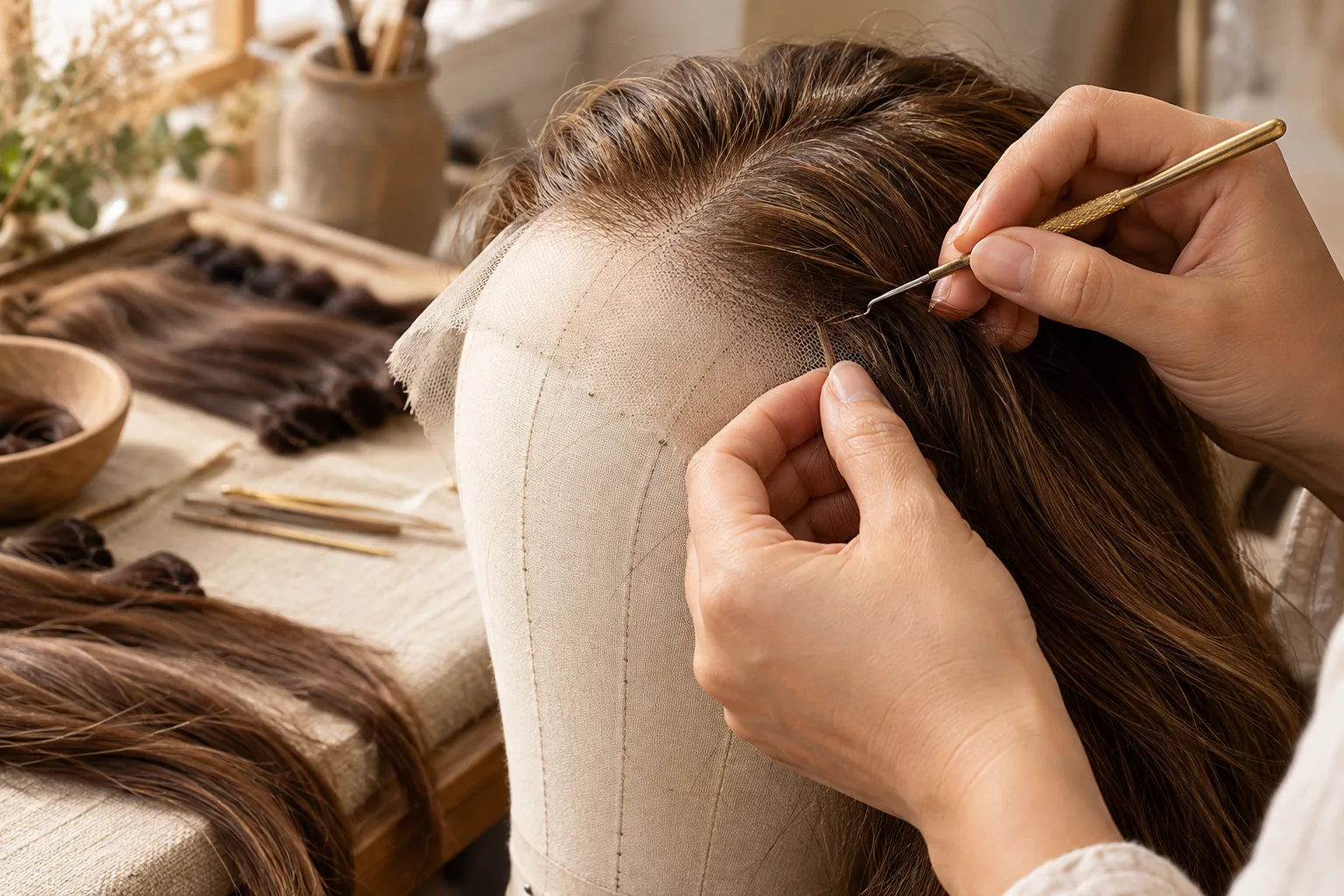 AI-generated illustration: Hands hold fine lace and a ventilation hook beside brown hair strands.
