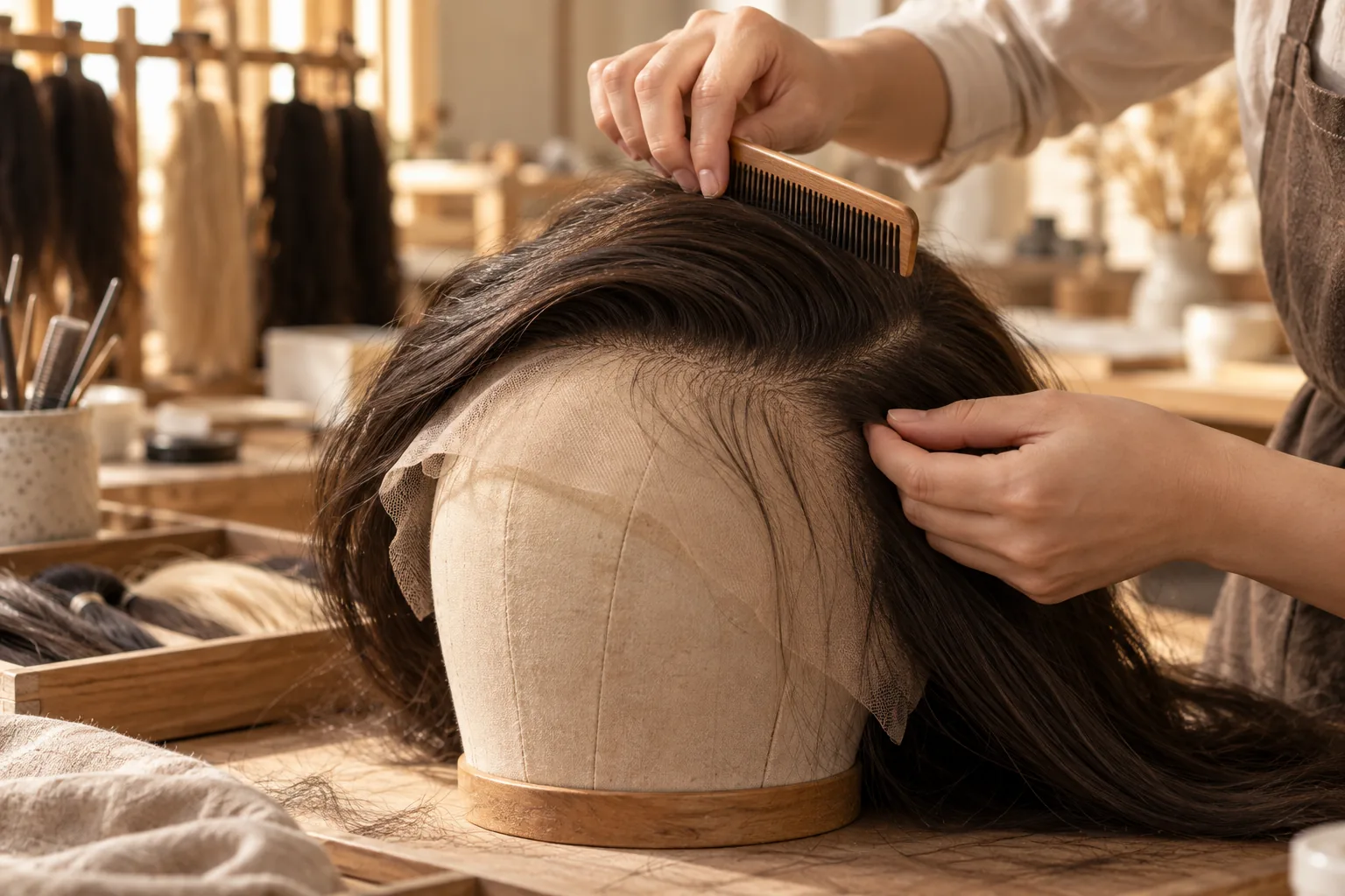 AI-generated illustration: An artisan combs the direction of hair on a lace hairpiece.