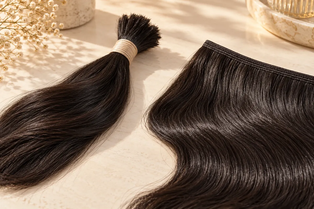 AI-generated illustration: Loose human hair beside a sewn weft on an ivory workbench.