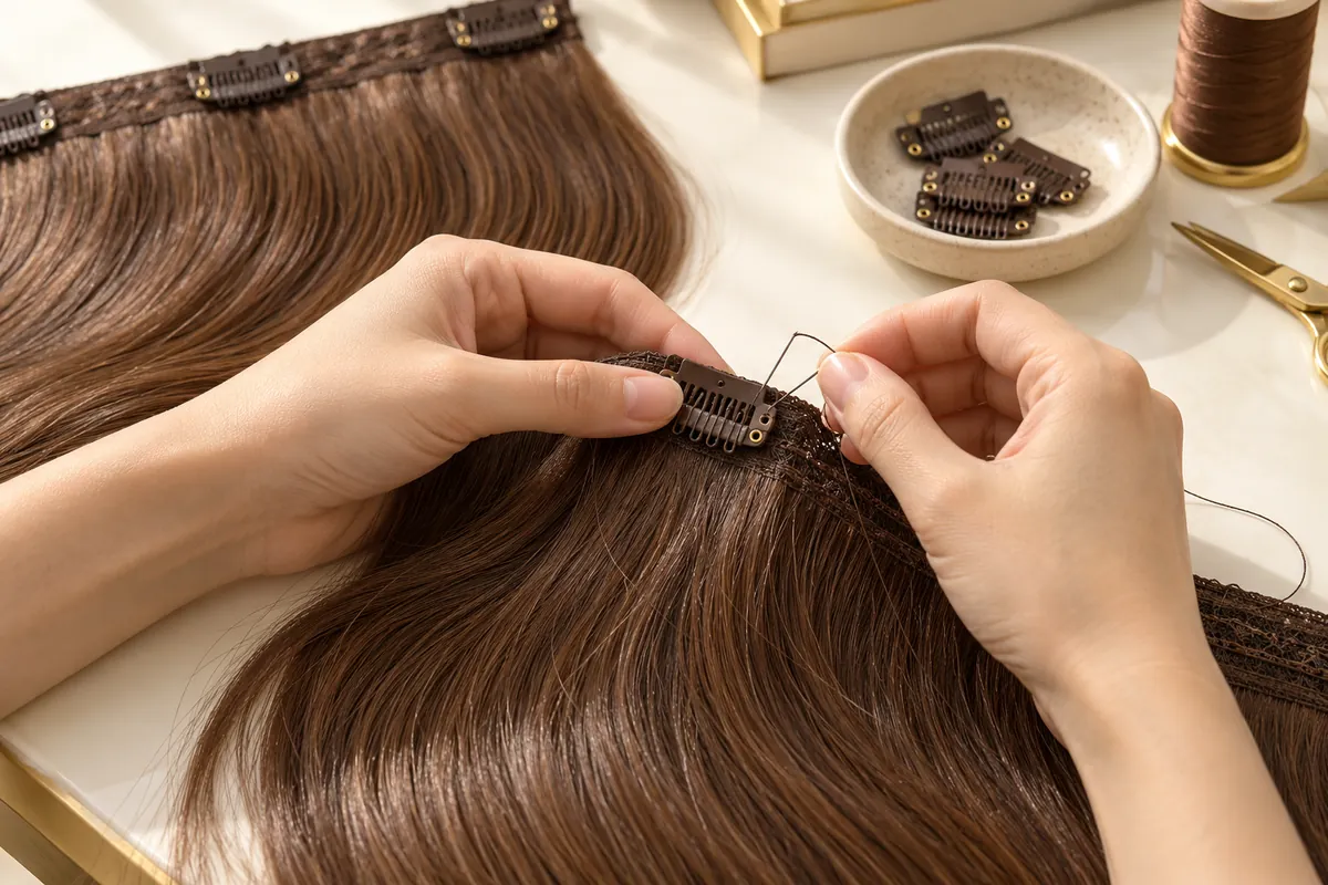 AI-generated illustration: An artisan sews a clip onto an extension panel.