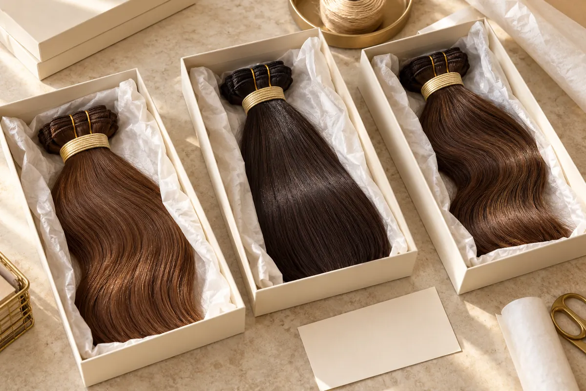 AI-generated illustration: Three hair bundles separated in open protective boxes.