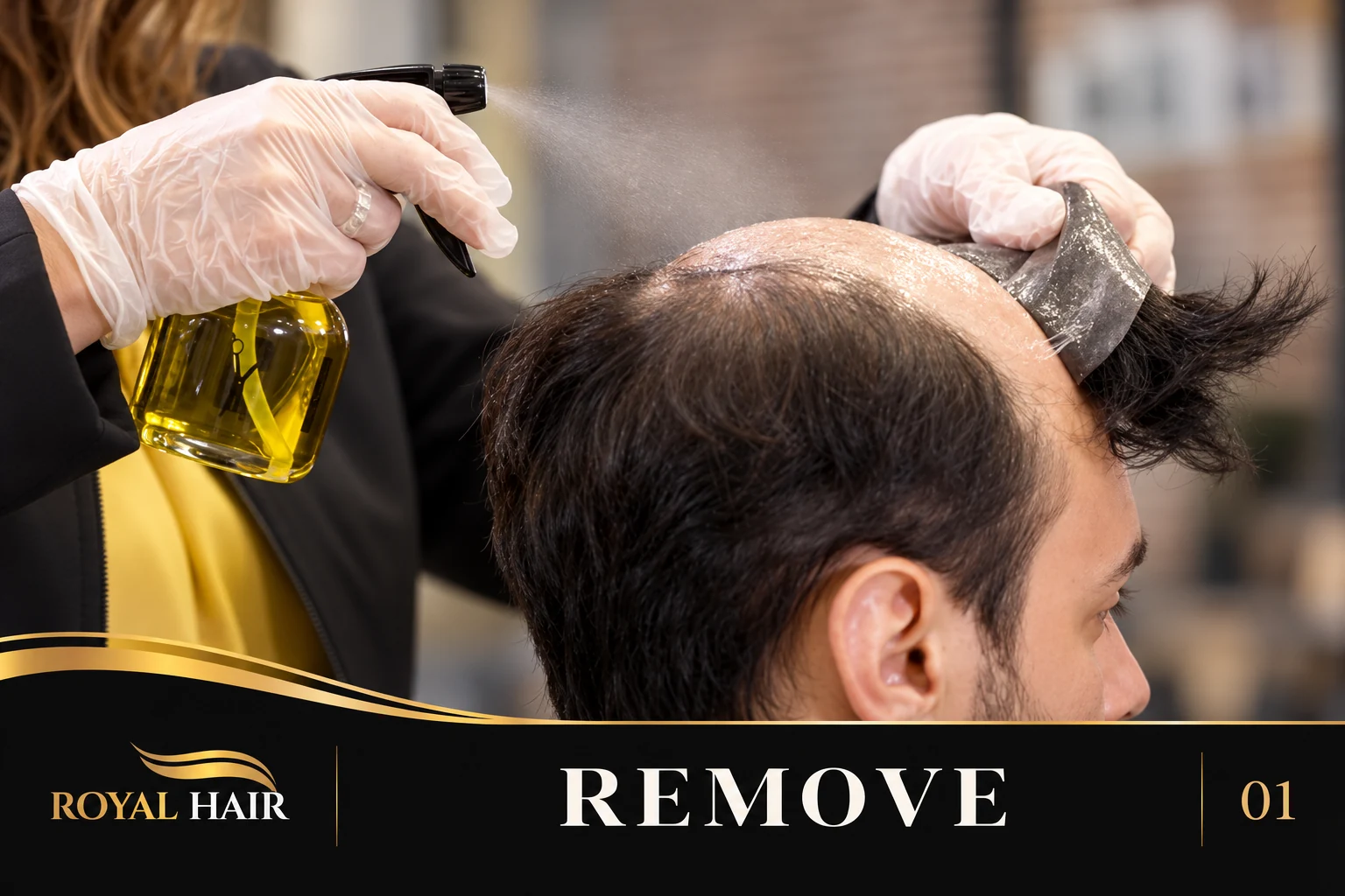 Technician carefully removing a hairpiece with adhesive remover