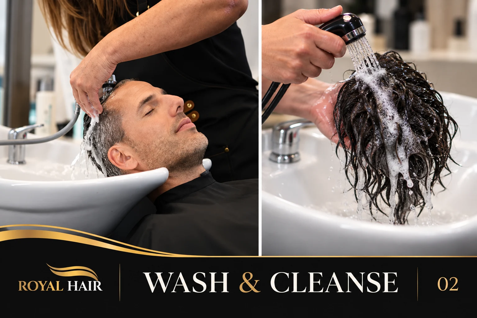 Client receiving a shampoo and a separate hairpiece being washed