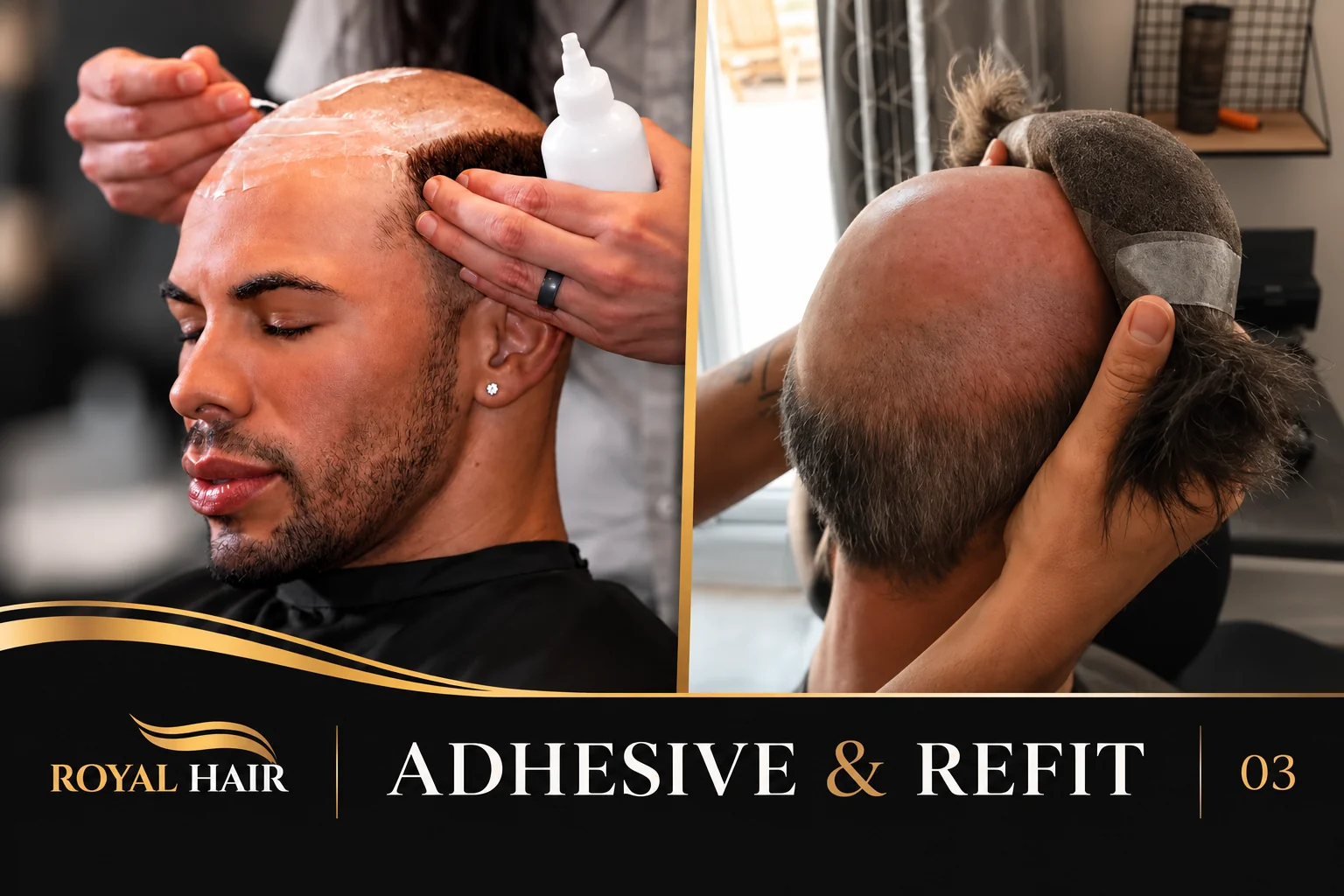 Two-panel illustration showing adhesive application and hairpiece positioning for reinstallation
