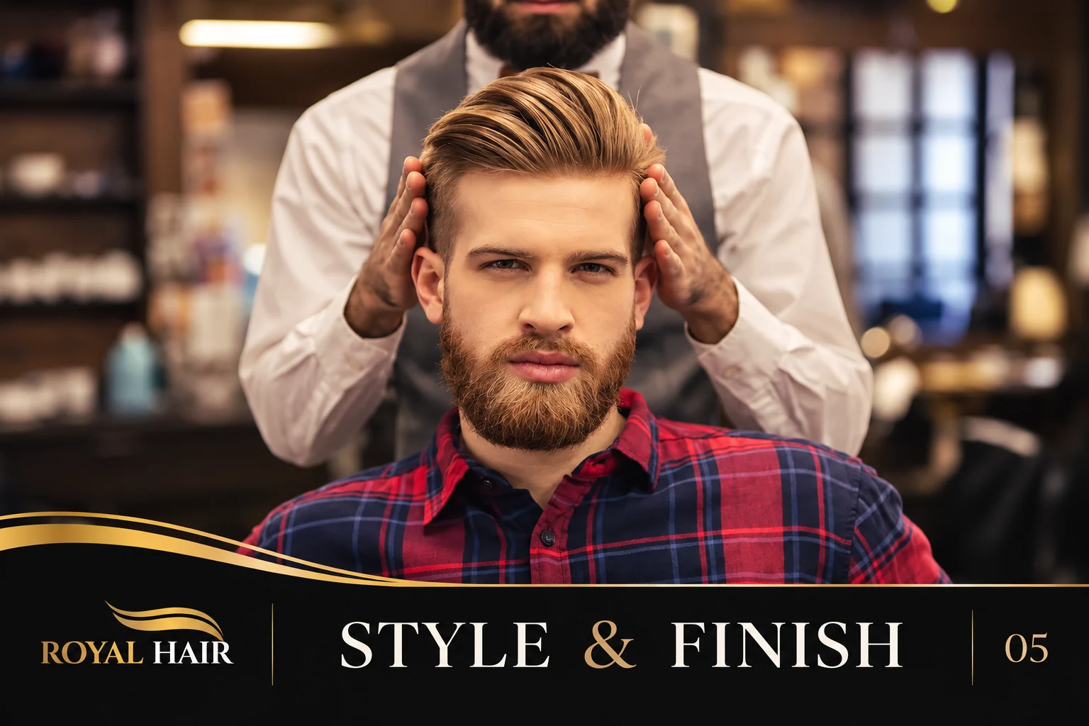 Barber finishing and styling a client’s hair