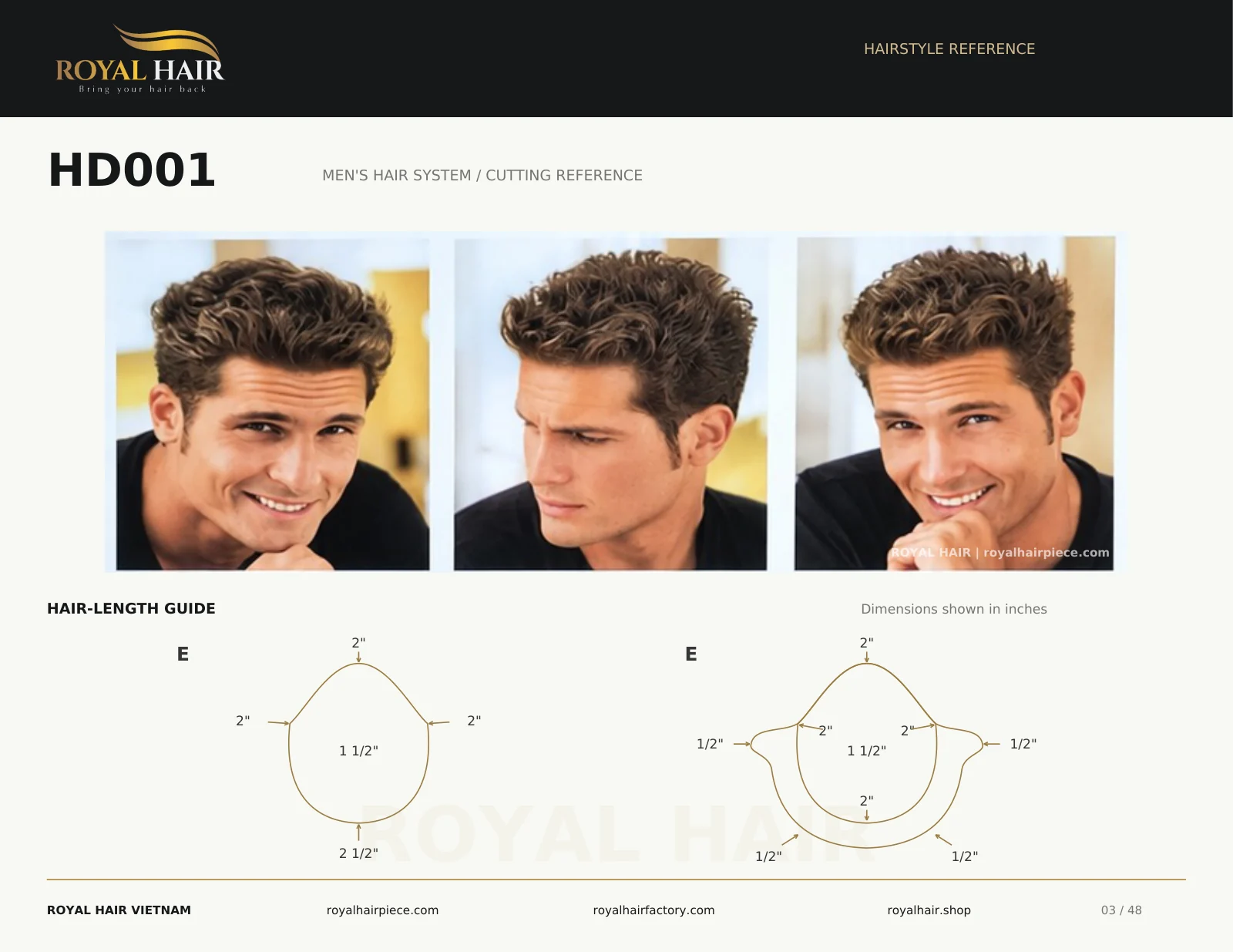 Men’s precut hairstyle HD001 with matching hair-length diagram