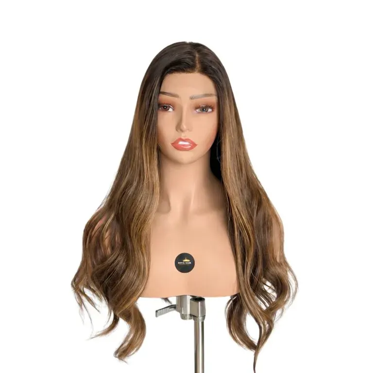 WIG24 CORAL – 8×5″ Swiss Lace Human Hair 22-23″, Dark Brown Root and Highlights