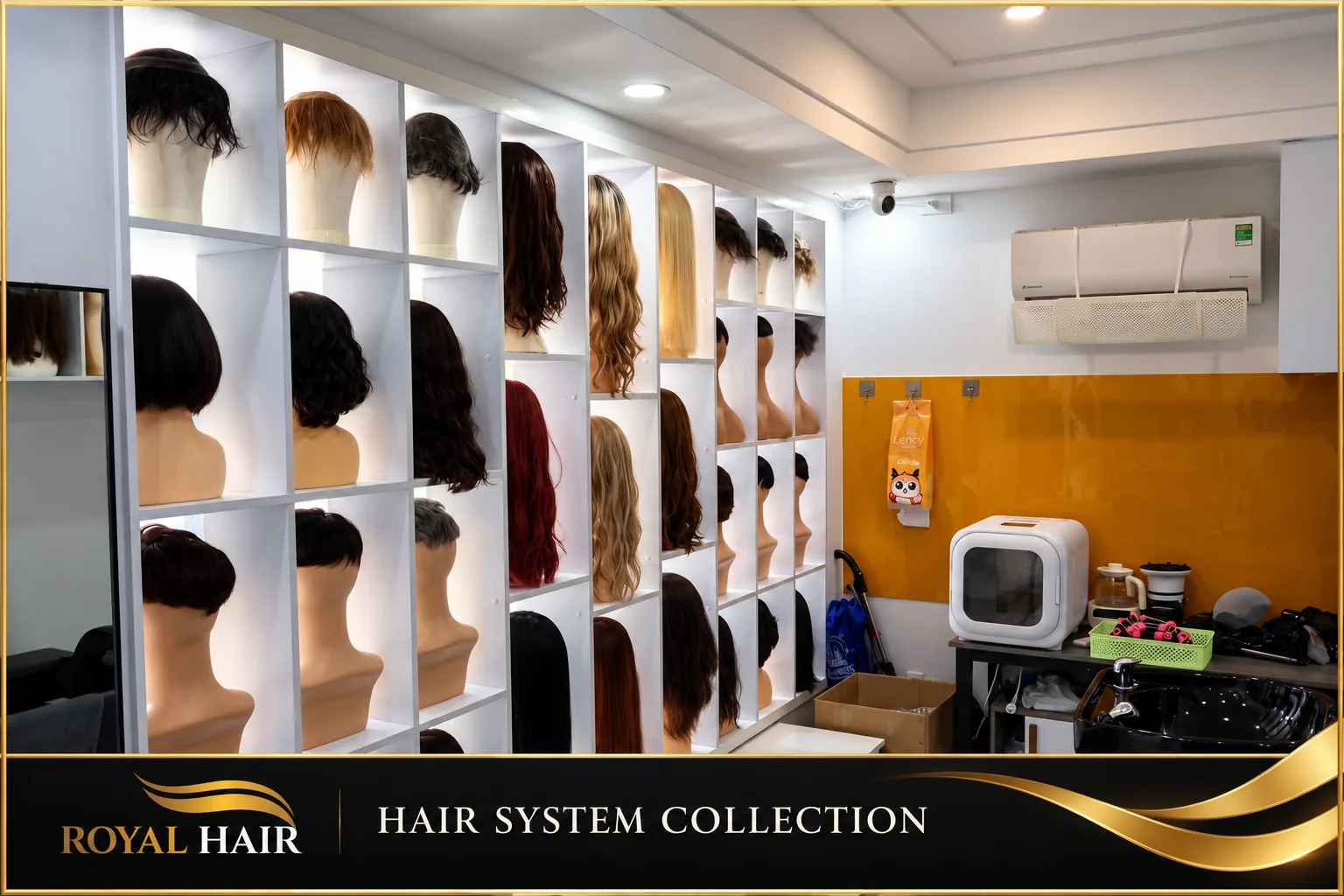 Hair systems and wigs on display inside the Royal Hair store