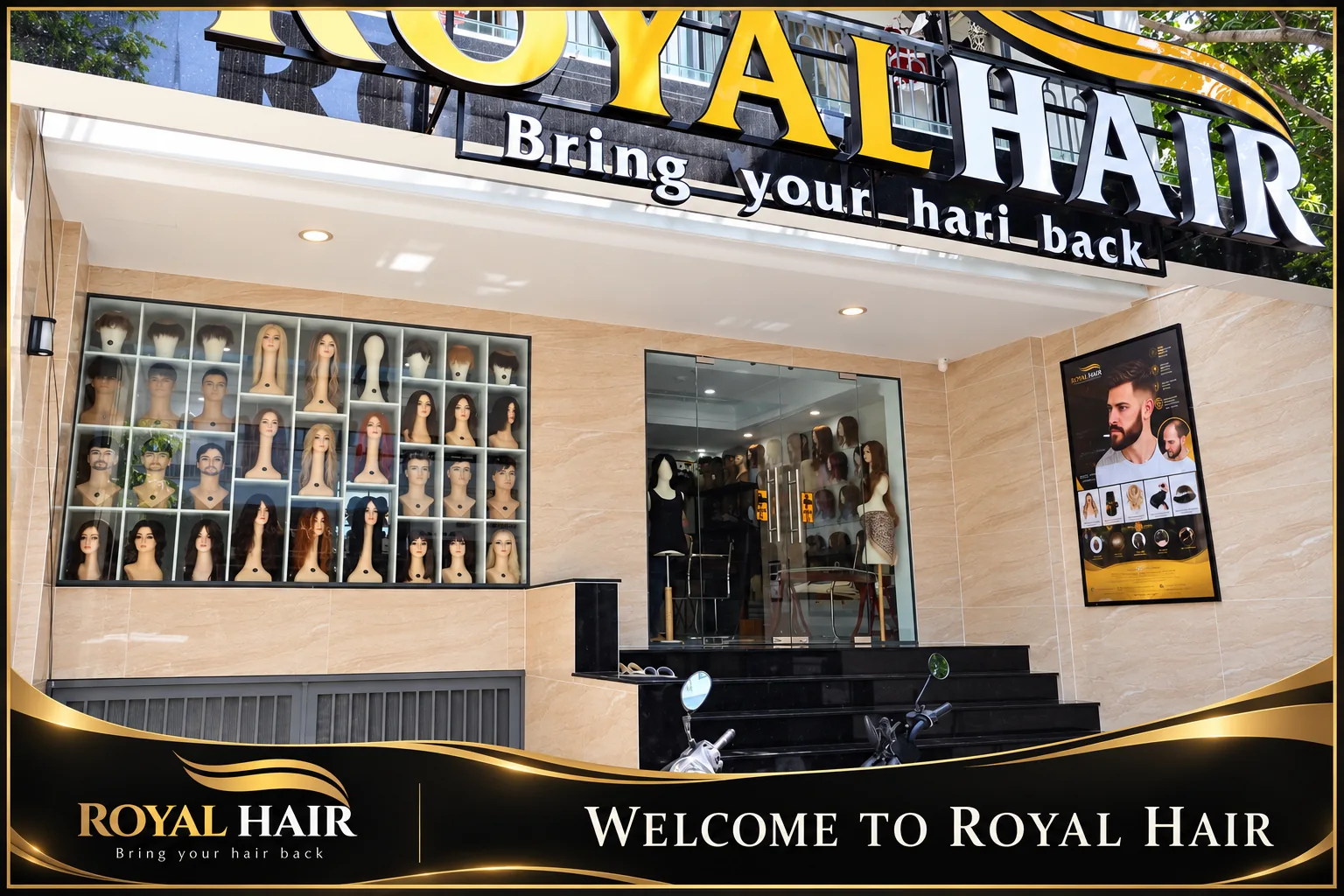 Royal Hair storefront in An Khanh with its entrance, signage and hair system display